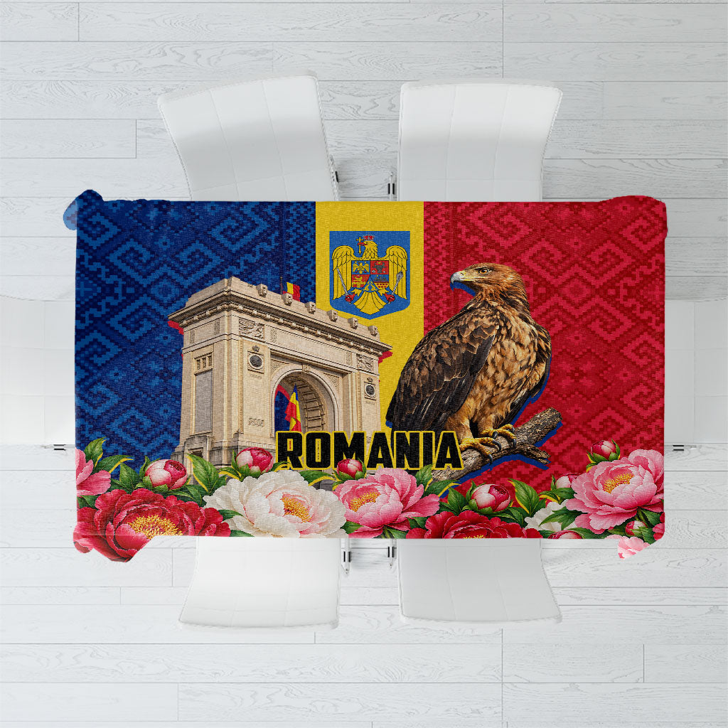 Romania Eagle And Arcul De Triumf Tablecloth Traditional Folk Pattern With Floral Peony Motifs