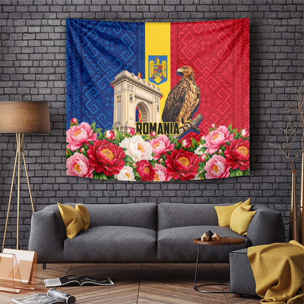 Romania Eagle And Arcul De Triumf Tapestry Traditional Folk Pattern With Floral Peony Motifs