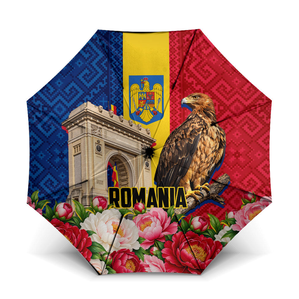 Romania Eagle And Arcul De Triumf Umbrella Traditional Folk Pattern With Floral Peony Motifs