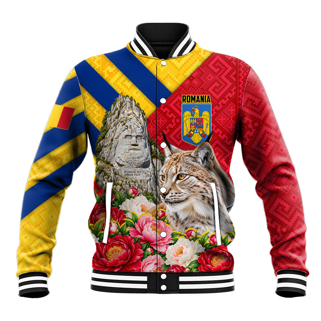Personalized Romania Lynx And Decebalus Rex Baseball Jacket Traditional Folk Pattern With Peony Floral Motifs
