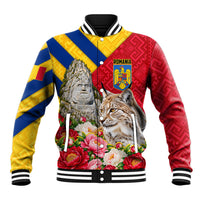 Personalized Romania Lynx And Decebalus Rex Baseball Jacket Traditional Folk Pattern With Peony Floral Motifs
