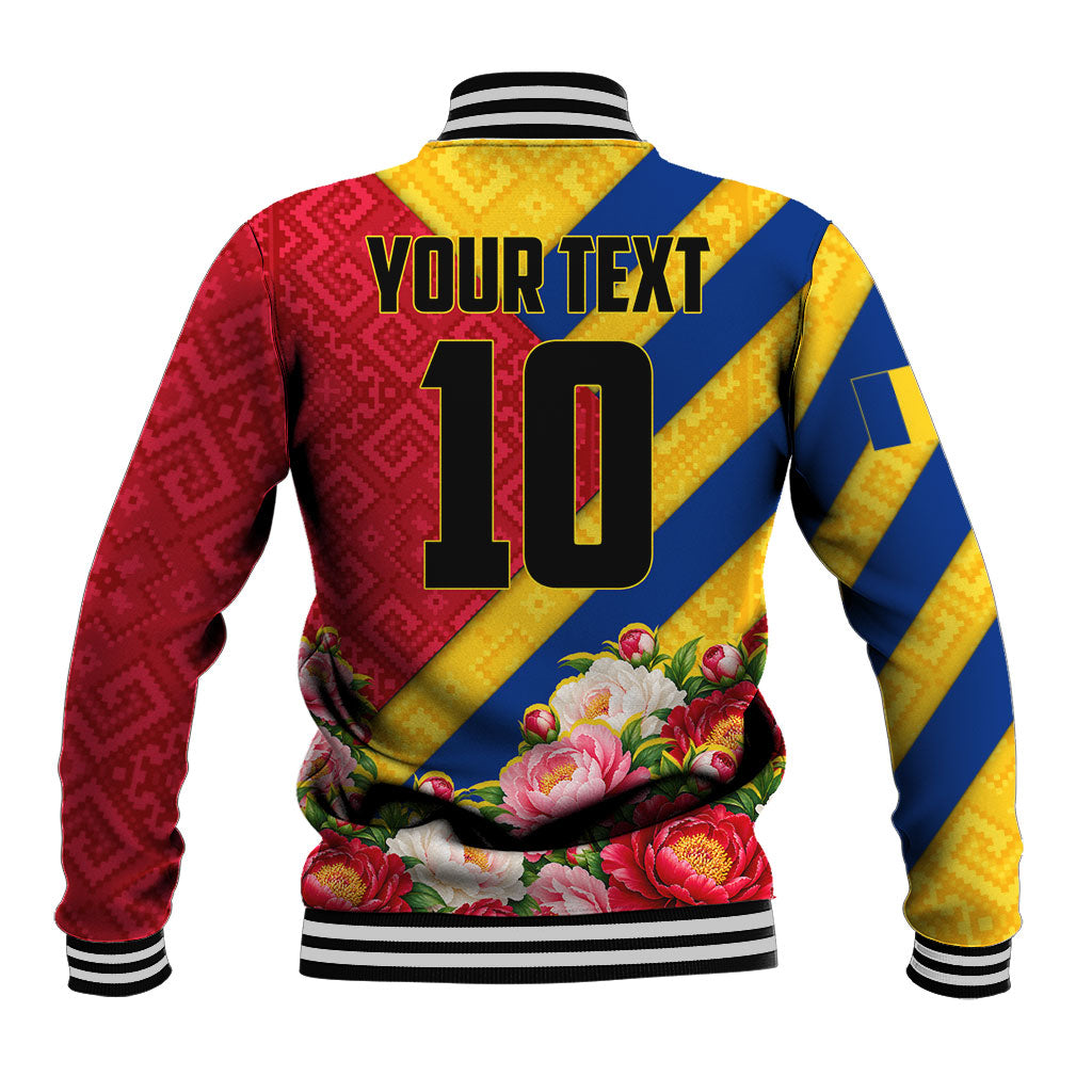 Personalized Romania Lynx And Decebalus Rex Baseball Jacket Traditional Folk Pattern With Peony Floral Motifs