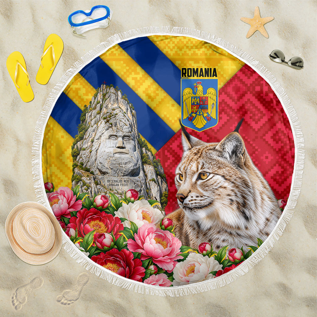 Romania Lynx And Decebalus Rex Beach Blanket Traditional Folk Pattern With Peony Floral Motifs
