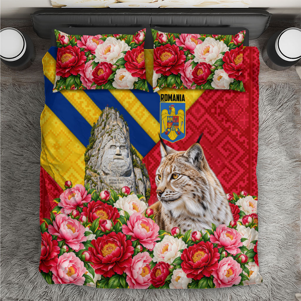 Romania Lynx And Decebalus Rex Bedding Set Traditional Folk Pattern With Peony Floral Motifs