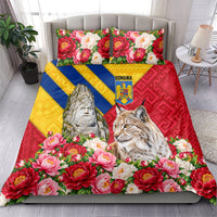 Romania Lynx And Decebalus Rex Bedding Set Traditional Folk Pattern With Peony Floral Motifs
