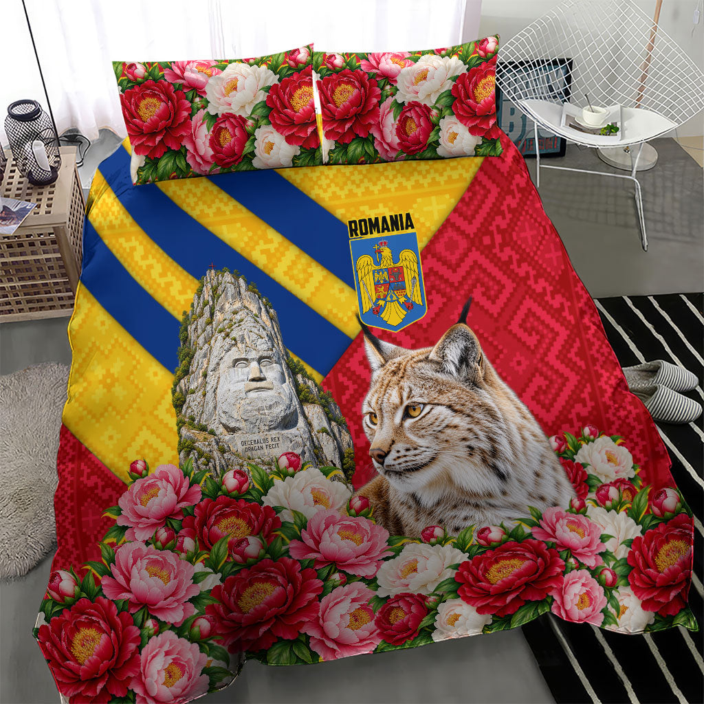 Romania Lynx And Decebalus Rex Bedding Set Traditional Folk Pattern With Peony Floral Motifs