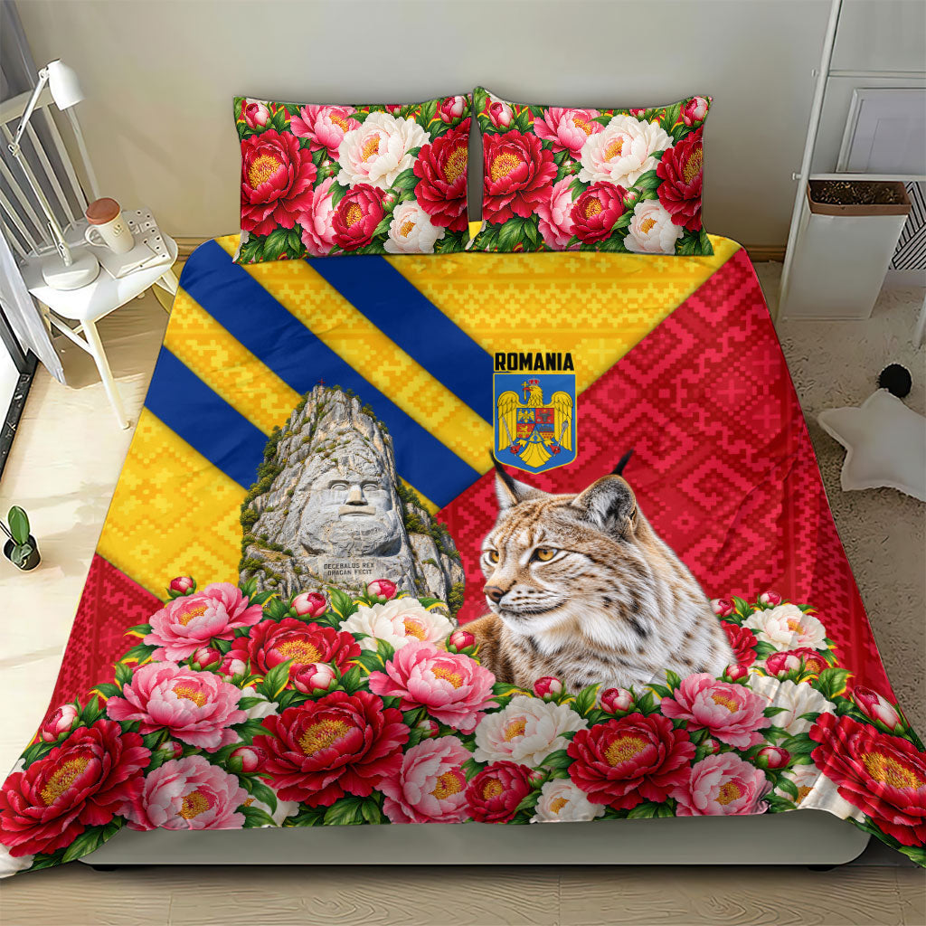 Romania Lynx And Decebalus Rex Bedding Set Traditional Folk Pattern With Peony Floral Motifs