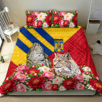 Romania Lynx And Decebalus Rex Bedding Set Traditional Folk Pattern With Peony Floral Motifs
