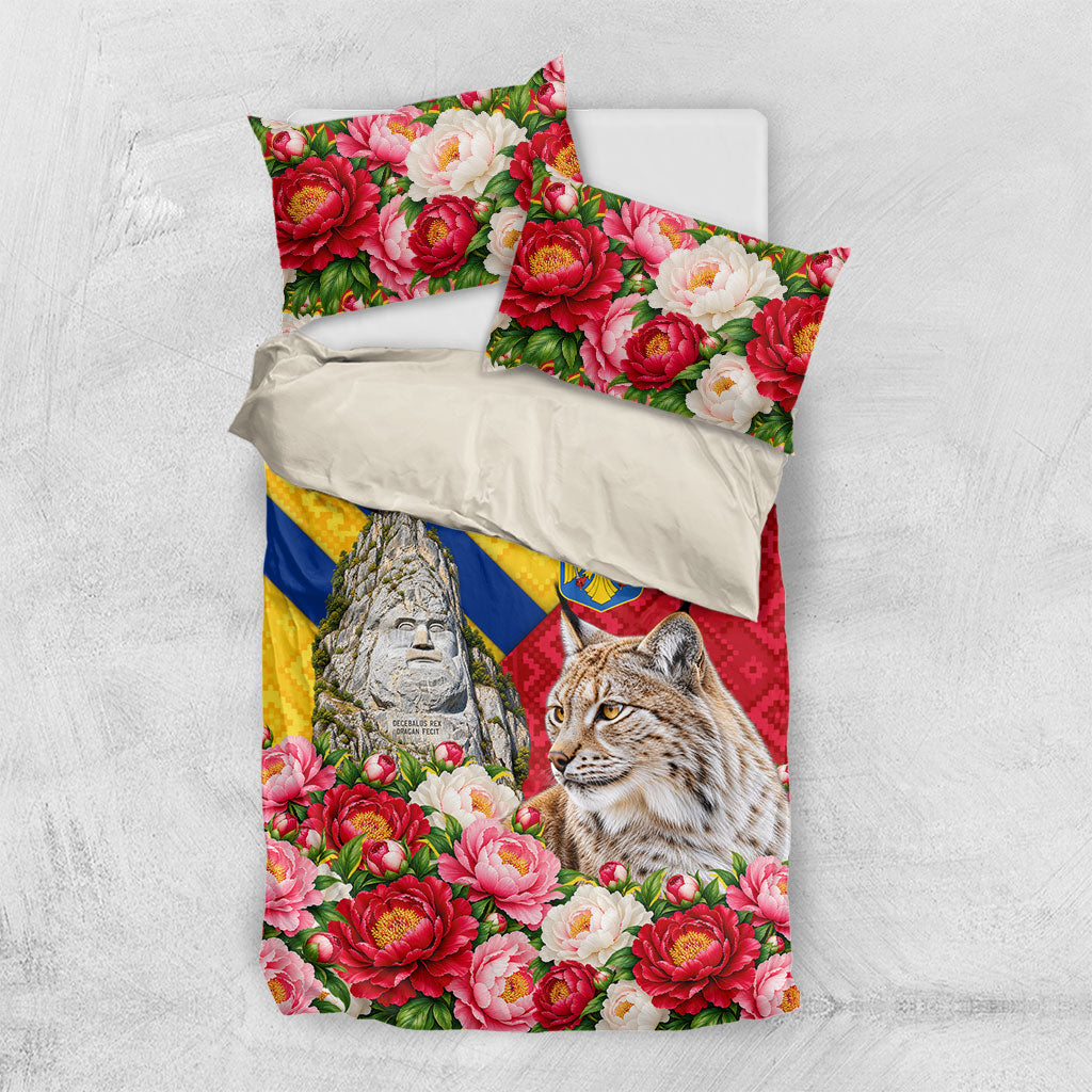 Romania Lynx And Decebalus Rex Bedding Set Traditional Folk Pattern With Peony Floral Motifs