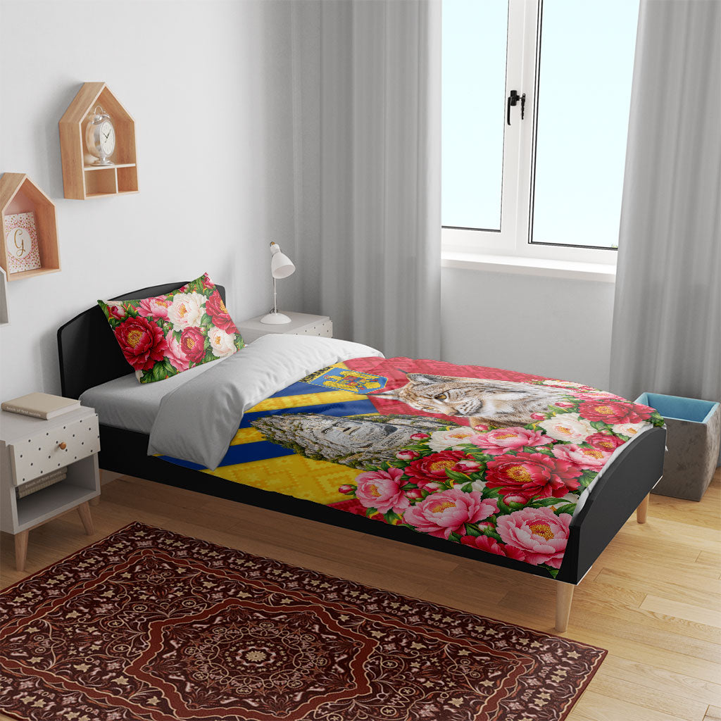 Romania Lynx And Decebalus Rex Bedding Set Traditional Folk Pattern With Peony Floral Motifs