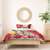 Romania Lynx And Decebalus Rex Bedding Set Traditional Folk Pattern With Peony Floral Motifs