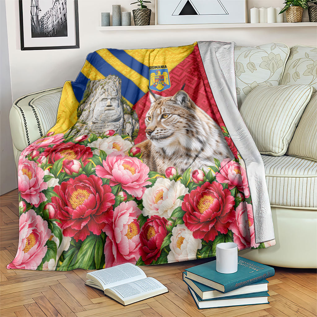 Romania Lynx And Decebalus Rex Blanket Traditional Folk Pattern With Peony Floral Motifs