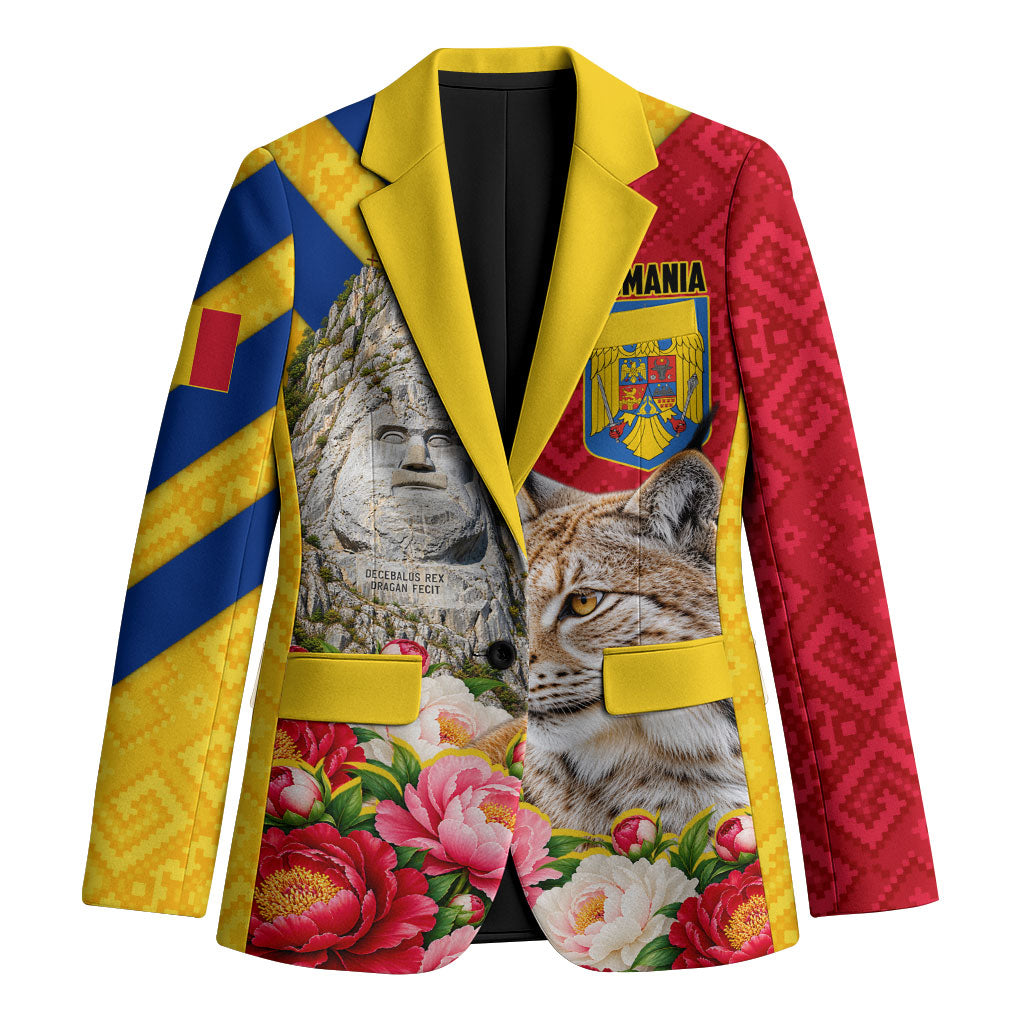 Personalized Romania Lynx And Decebalus Rex Blazer Traditional Folk Pattern With Peony Floral Motifs