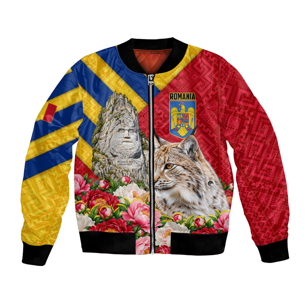 Personalized Romania Lynx And Decebalus Rex Bomber Jacket Traditional Folk Pattern With Peony Floral Motifs