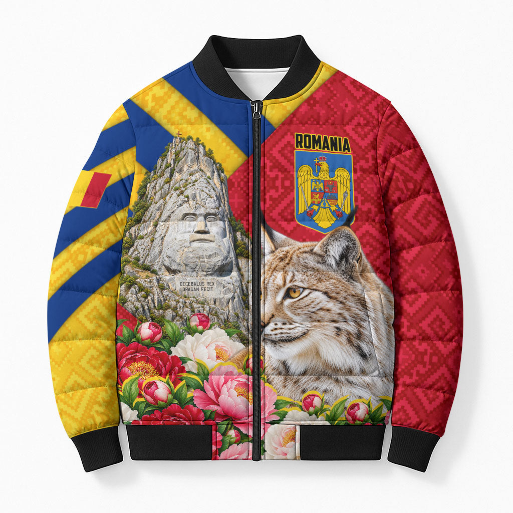 Personalized Romania Lynx And Decebalus Rex Bomber Puffer Jacket Traditional Folk Pattern With Peony Floral Motifs