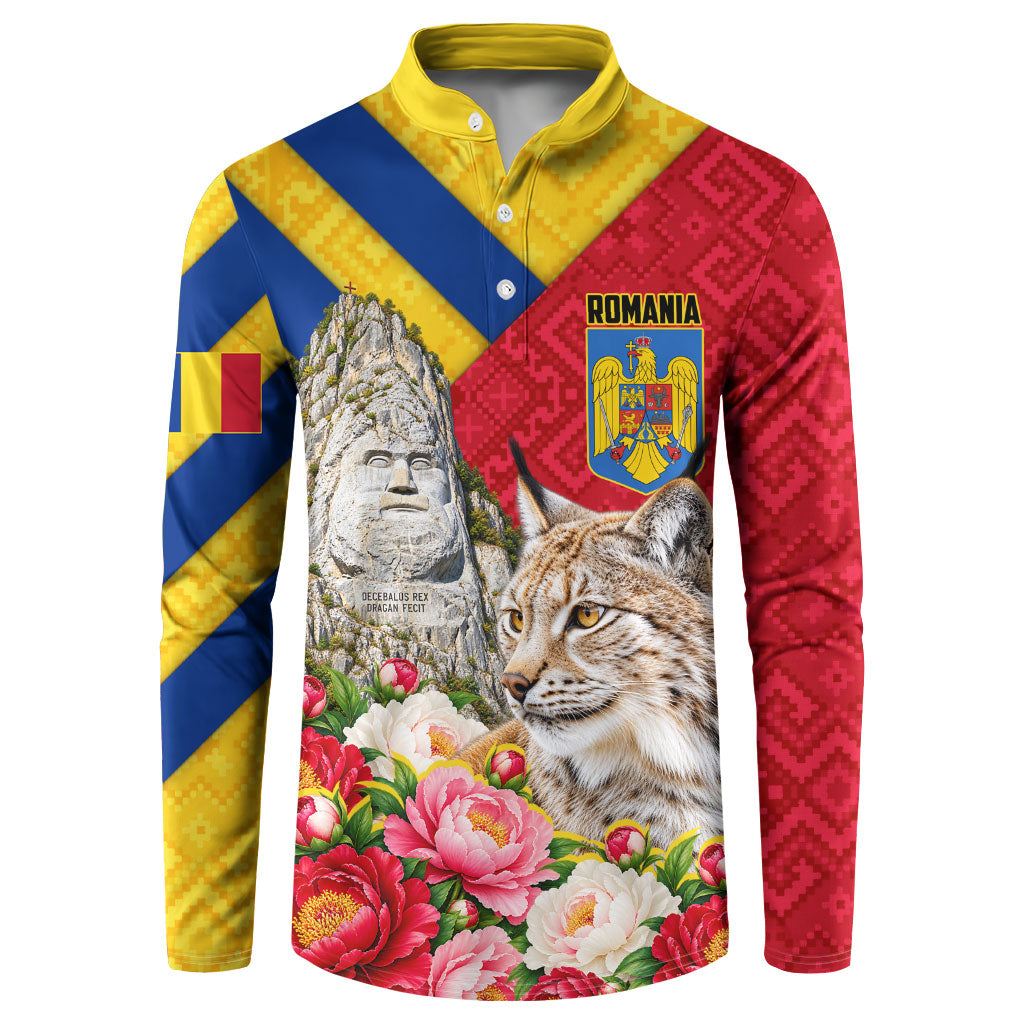 Personalized Romania Lynx And Decebalus Rex Button Sweatshirt Traditional Folk Pattern With Peony Floral Motifs