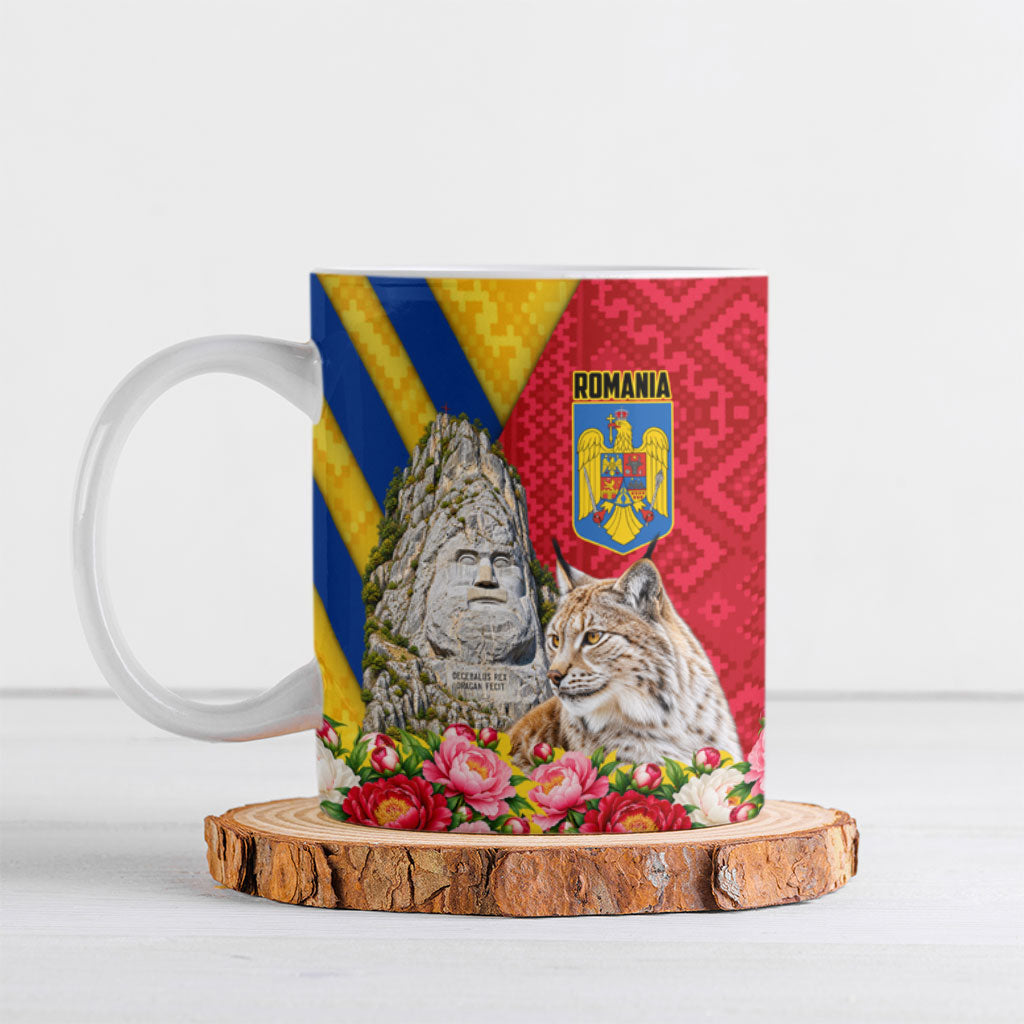 Personalized Romania Lynx And Decebalus Rex Ceramic Mug Traditional Folk Pattern With Peony Floral Motifs