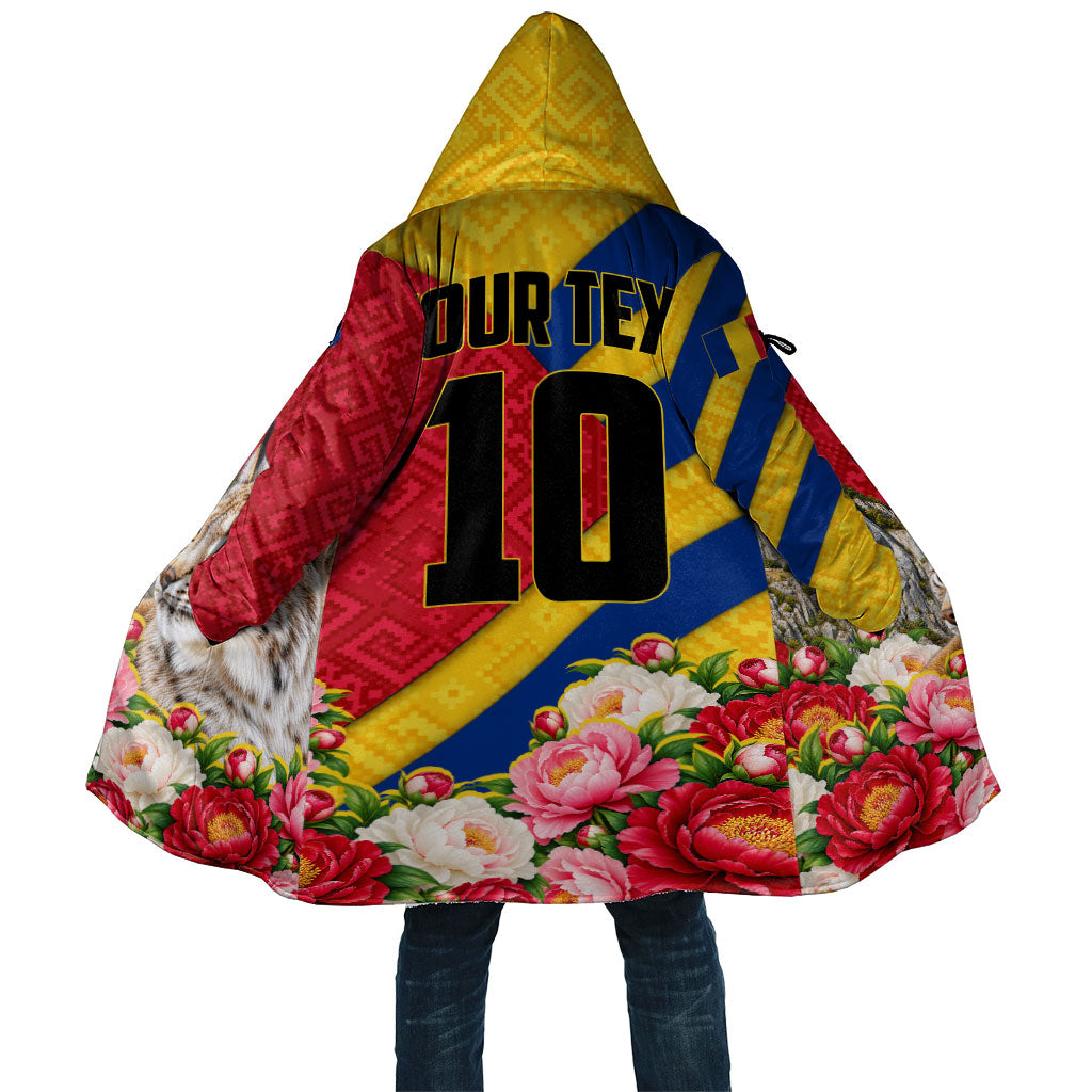 Personalized Romania Lynx And Decebalus Rex Cloak Traditional Folk Pattern With Peony Floral Motifs