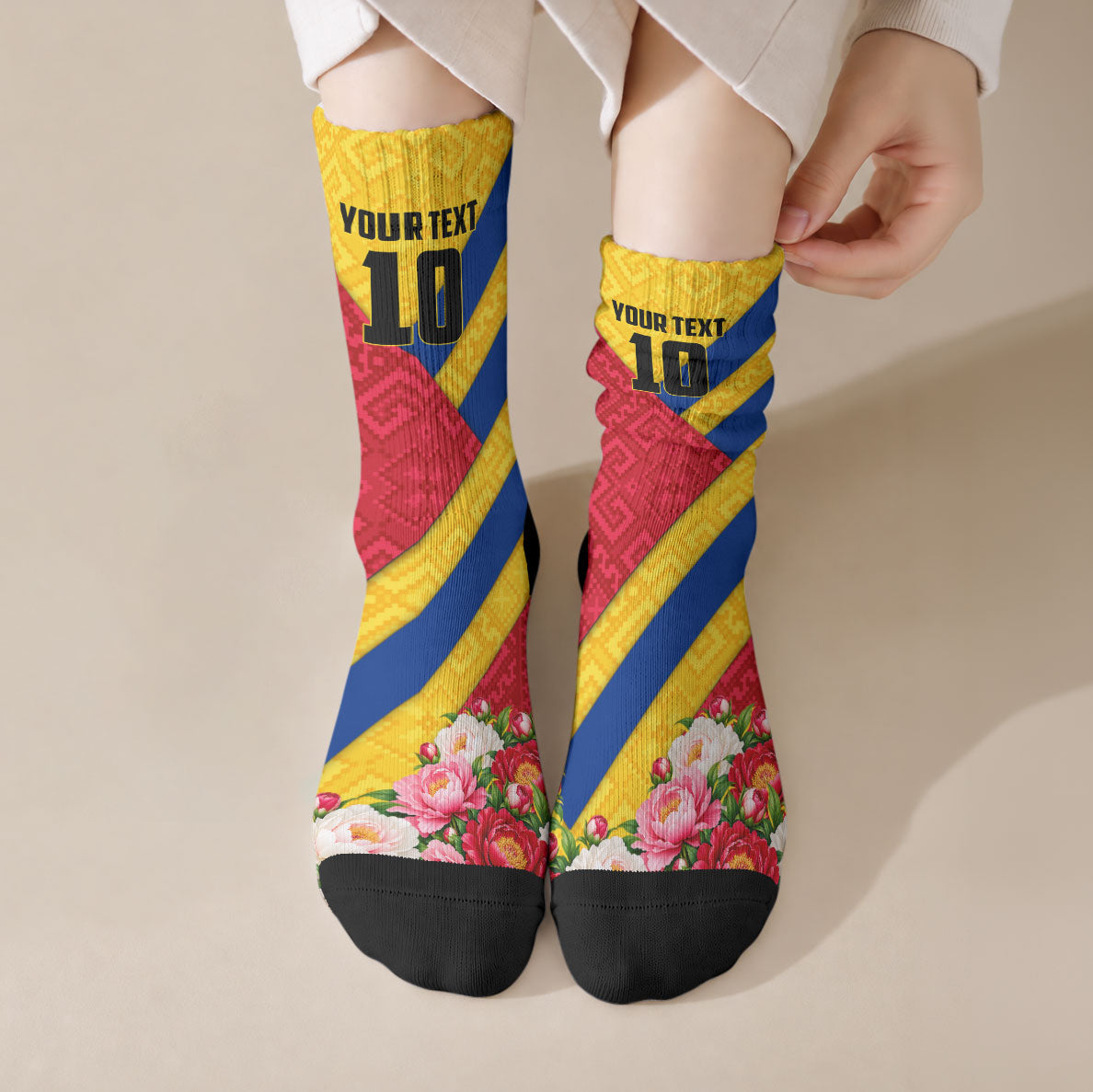 Personalized Romania Lynx And Decebalus Rex Crew Socks Traditional Folk Pattern With Peony Floral Motifs