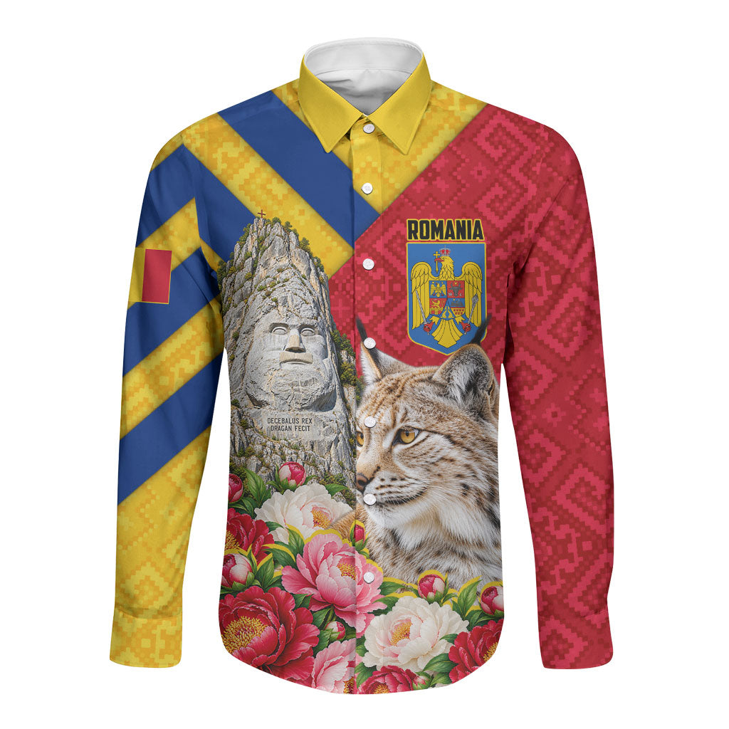 Personalized Romania Lynx And Decebalus Rex Long Sleeve Button Shirt Traditional Folk Pattern With Peony Floral Motifs