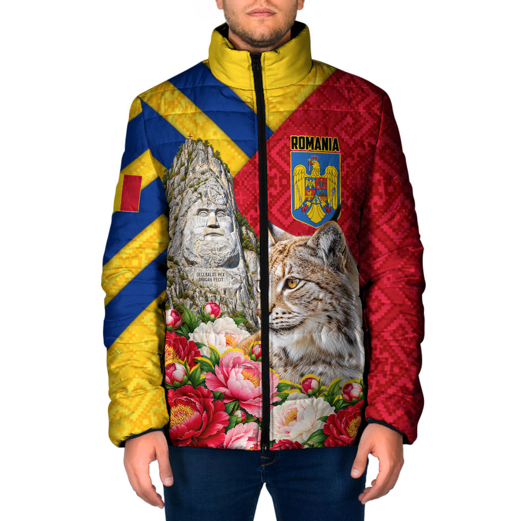 Personalized Romania Lynx And Decebalus Rex Padded Jacket Traditional Folk Pattern With Peony Floral Motifs