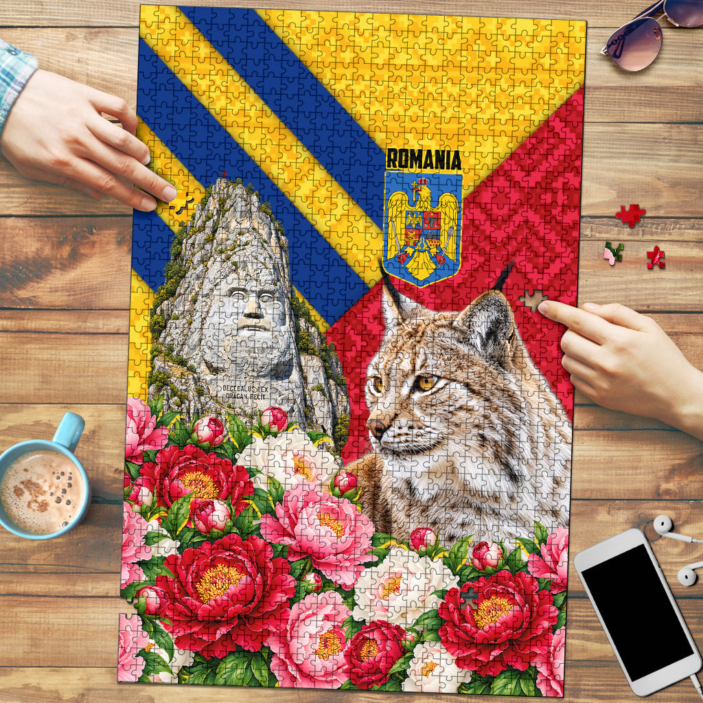 Romania Lynx And Decebalus Rex Puzzle Traditional Folk Pattern With Peony Floral Motifs
