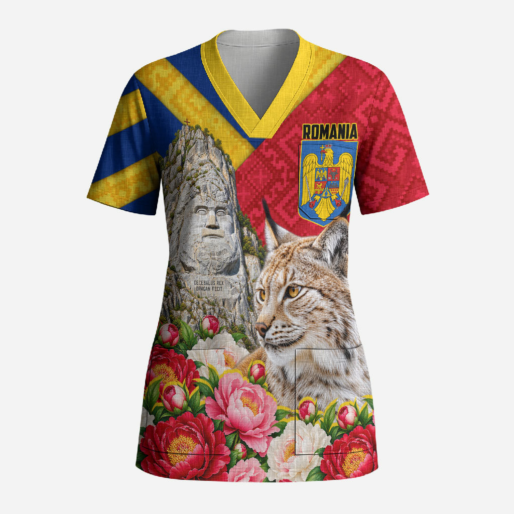 Personalized Romania Lynx And Decebalus Rex Scrub Top Traditional Folk Pattern With Peony Floral Motifs
