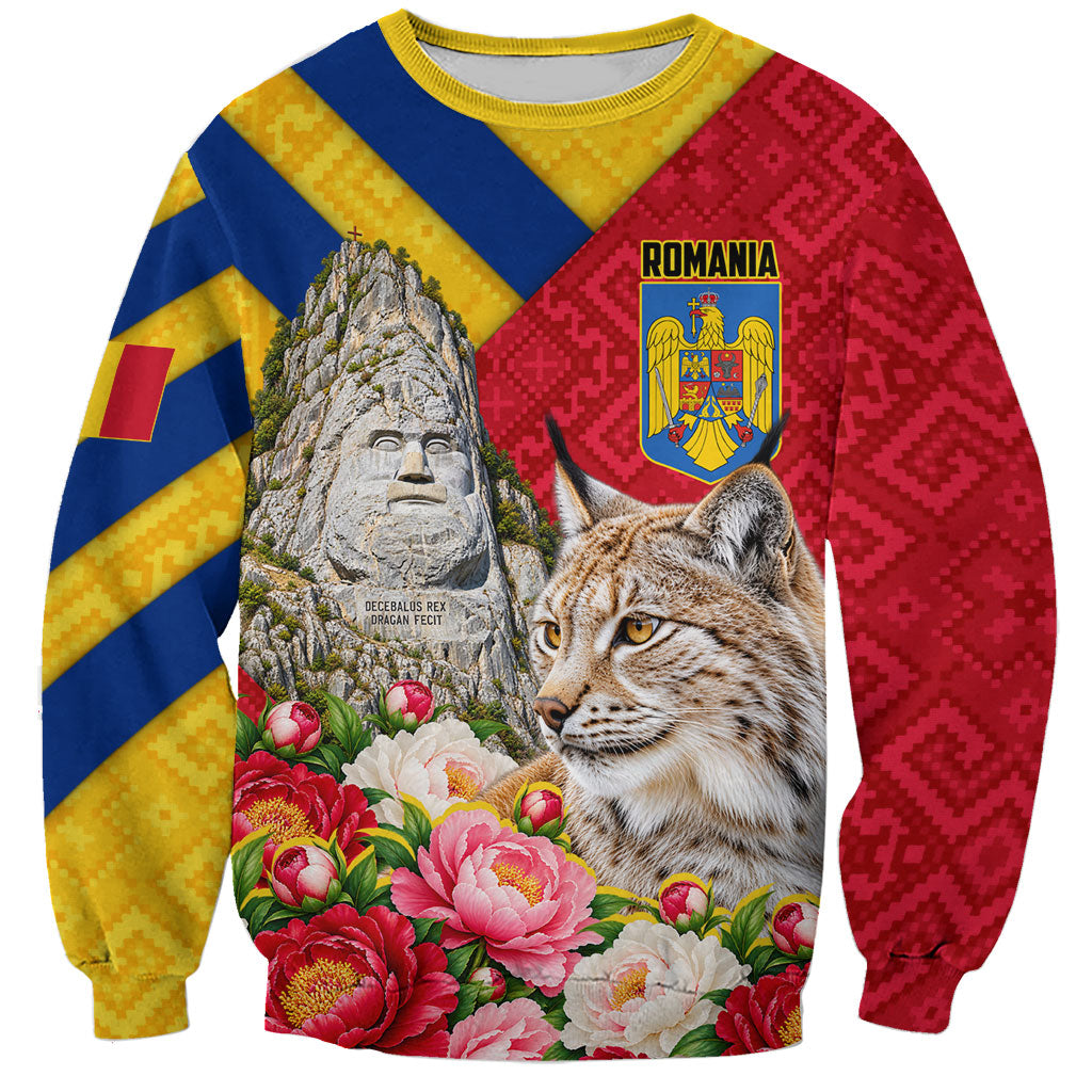 Personalized Romania Lynx And Decebalus Rex Sweatshirt Traditional Folk Pattern With Peony Floral Motifs