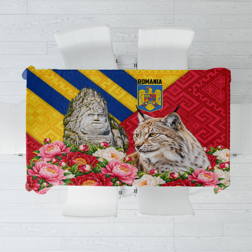 Romania Lynx And Decebalus Rex Tablecloth Traditional Folk Pattern With Peony Floral Motifs