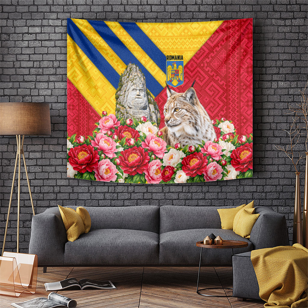 Romania Lynx And Decebalus Rex Tapestry Traditional Folk Pattern With Peony Floral Motifs