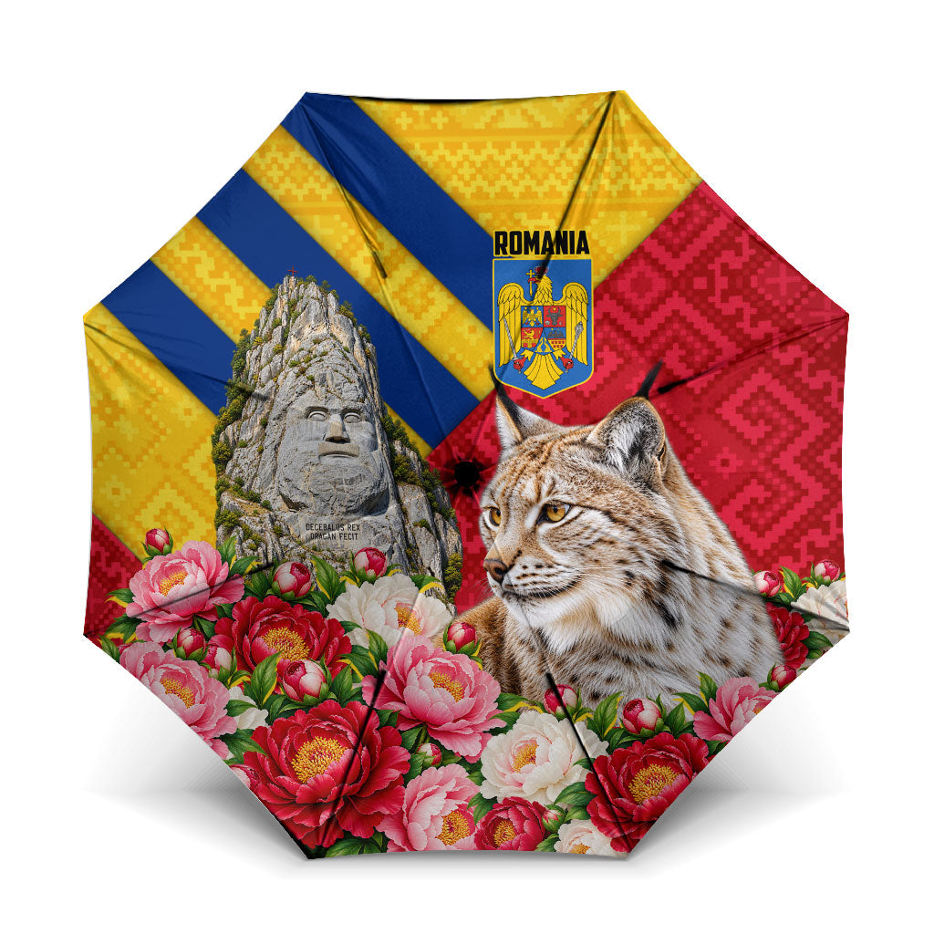 Romania Lynx And Decebalus Rex Umbrella Traditional Folk Pattern With Peony Floral Motifs