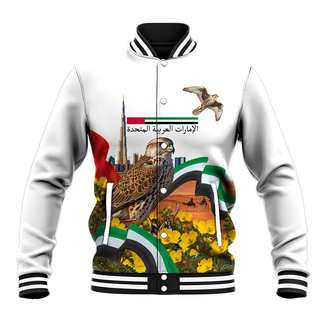 UAE National Day Falcon And Burj Khalifa Baseball Jacket Emirati Pride Desert Landscape Flag Floral