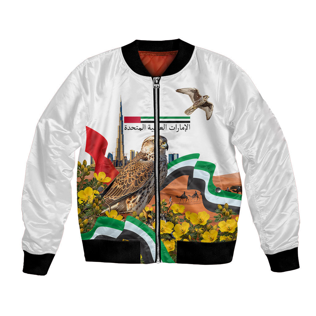 UAE National Day Falcon And Burj Khalifa Bomber Jacket Emirati Pride Desert Landscape Flag Floral