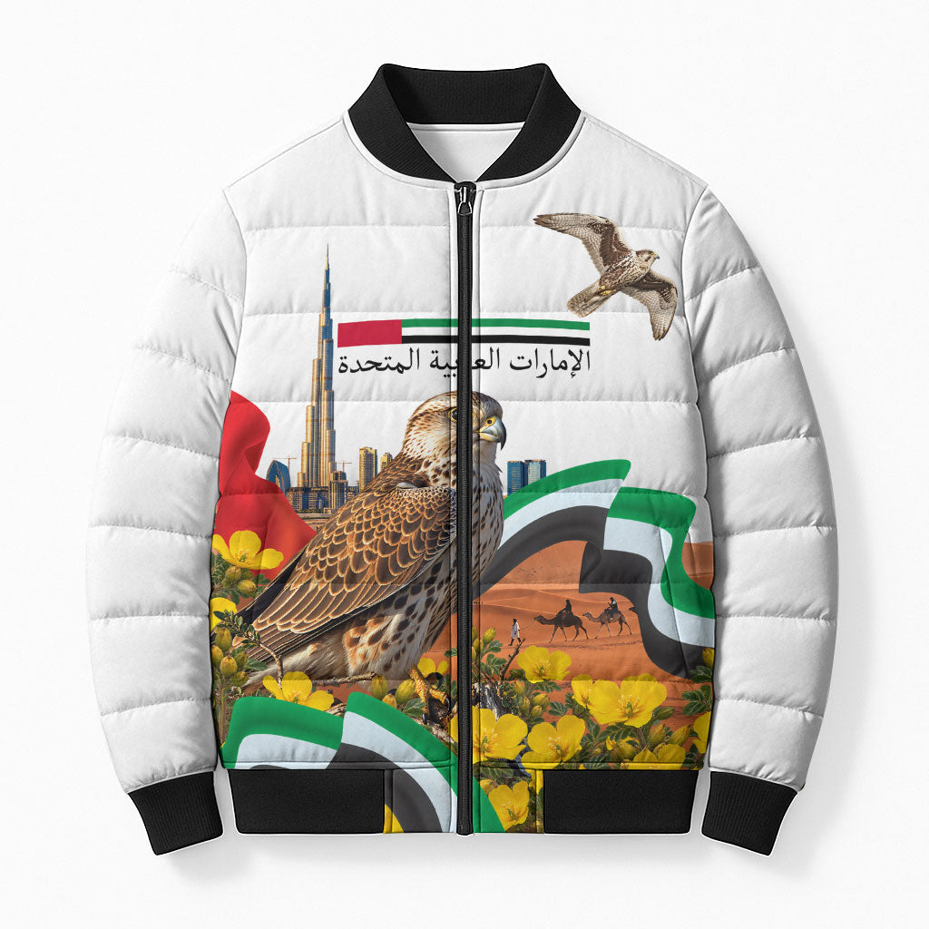 UAE National Day Falcon And Burj Khalifa Bomber Puffer Jacket Emirati Pride Desert Landscape Flag Floral