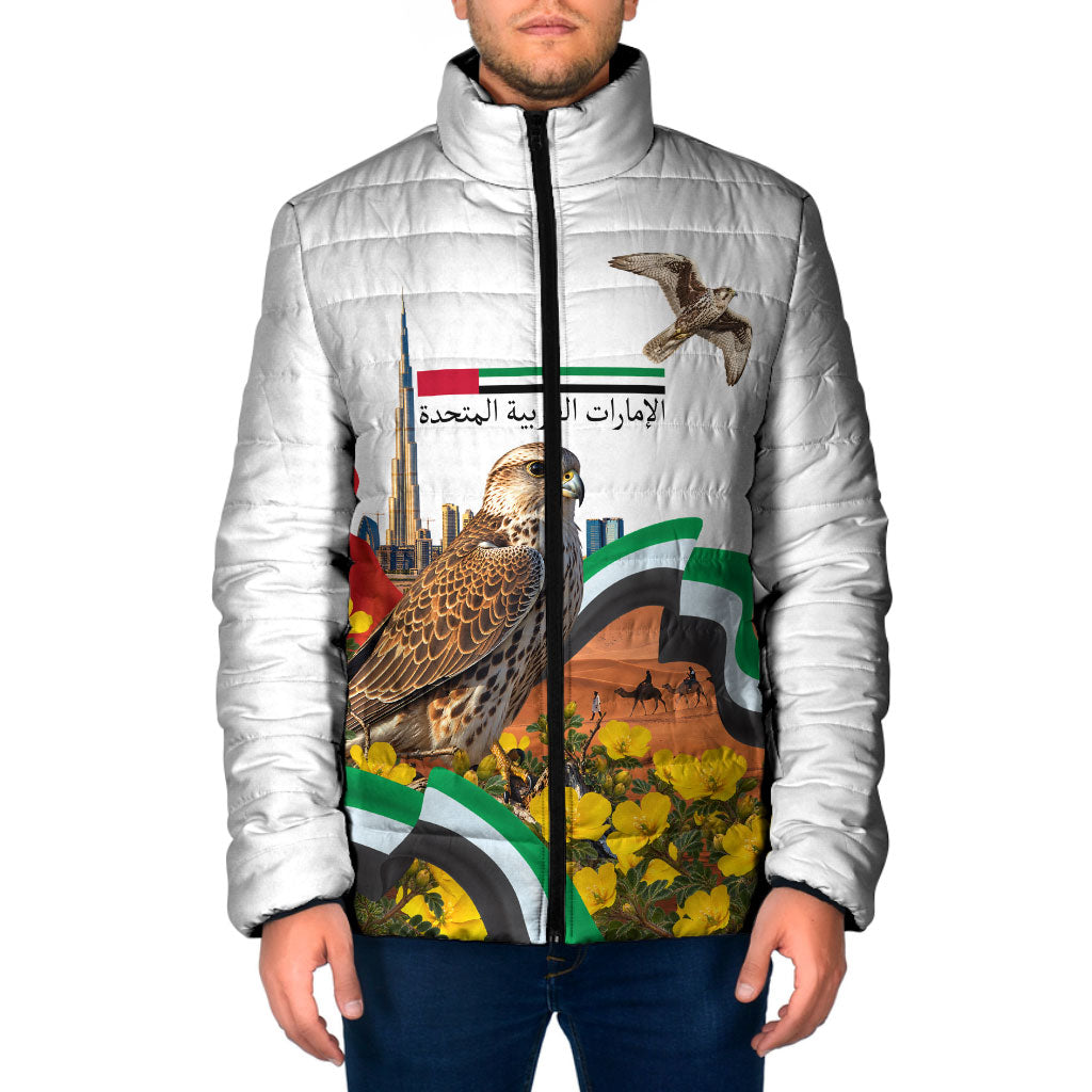 UAE National Day Falcon And Burj Khalifa Padded Jacket Emirati Pride Desert Landscape Flag Floral