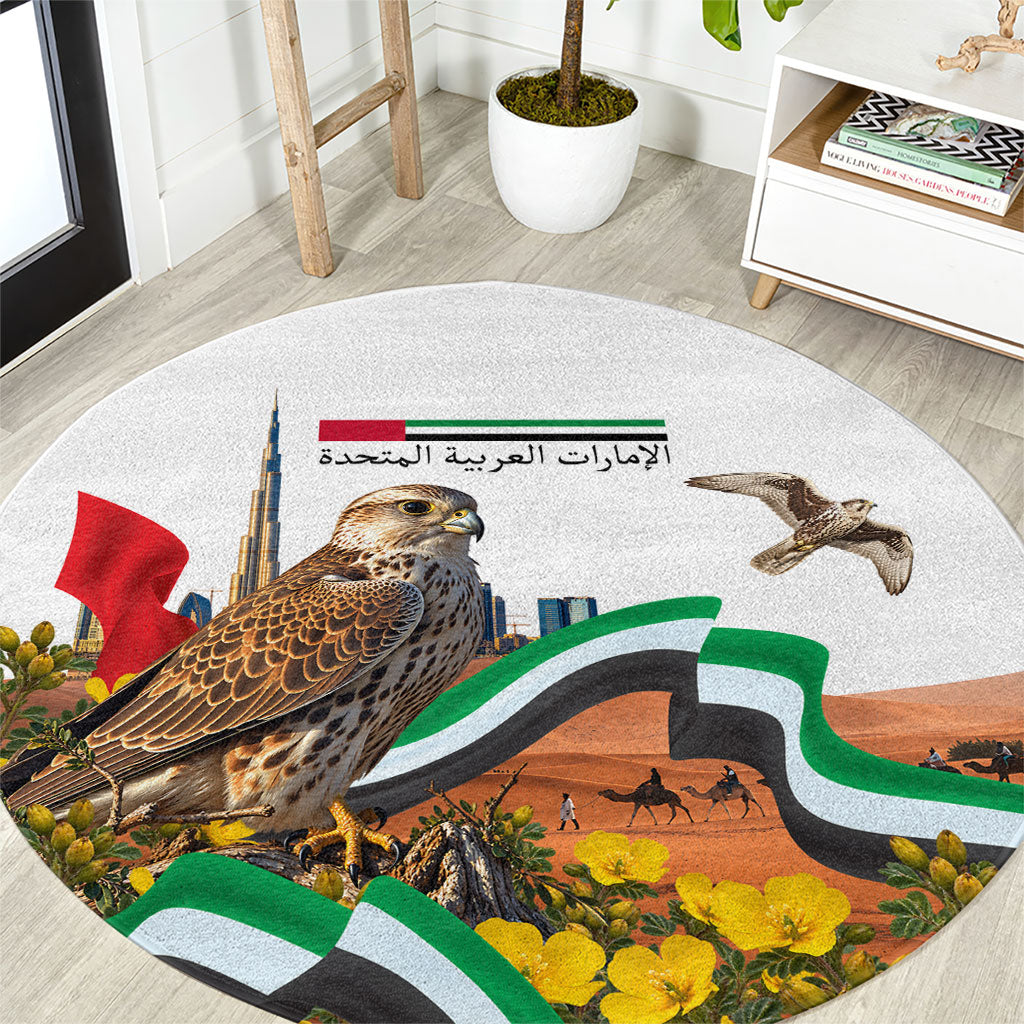 UAE National Day Falcon And Burj Khalifa Round Carpet Emirati Pride Desert Landscape Flag Floral