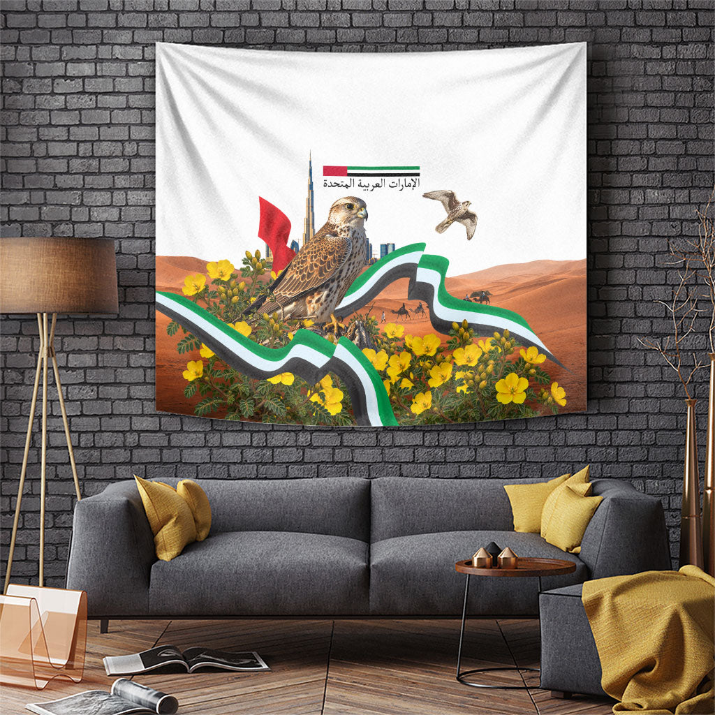 UAE National Day Falcon And Burj Khalifa Tapestry Emirati Pride Desert Landscape Flag Floral