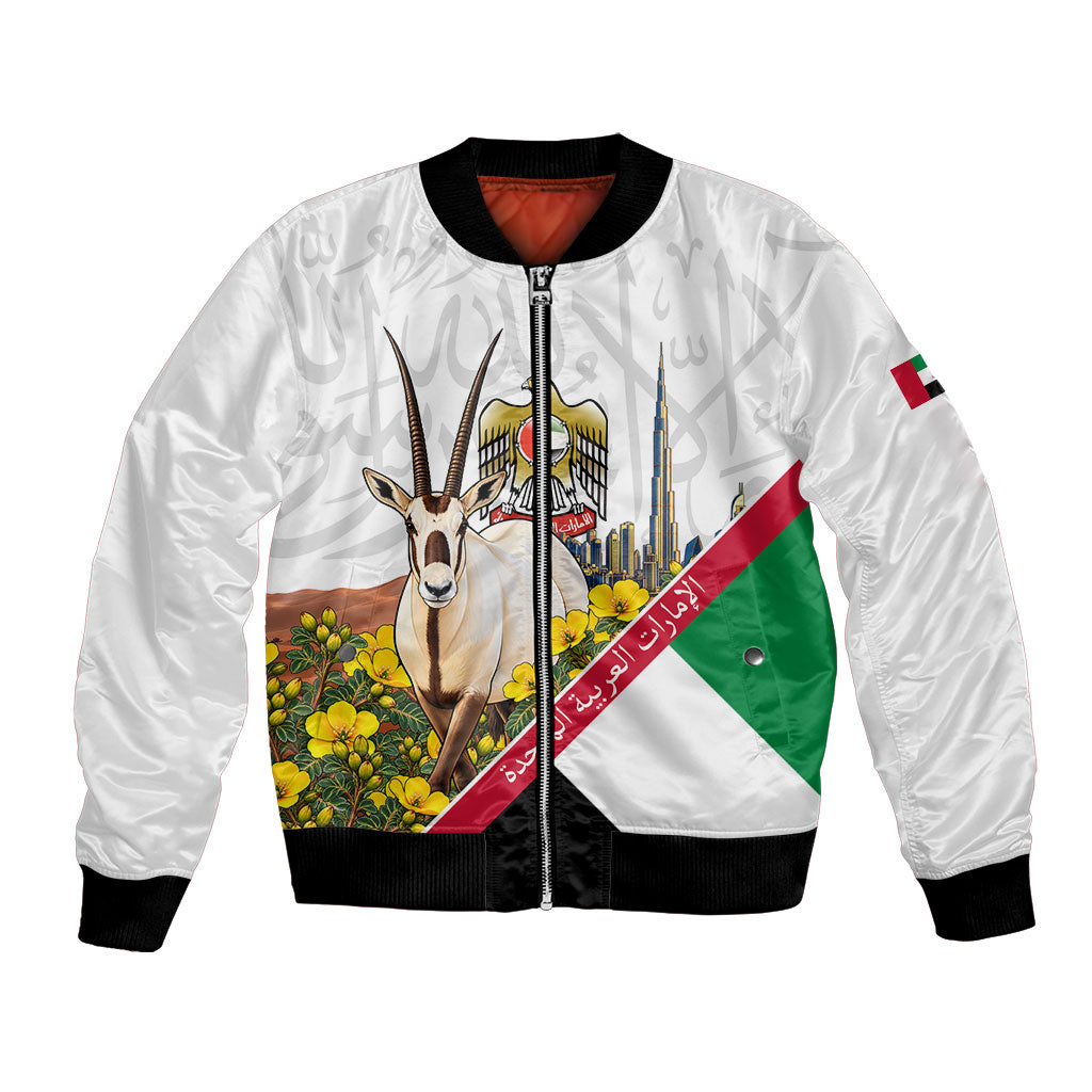 UAE National Day Arabian Oryx Bomber Jacket Emirati Pride - Arabic Calligraphy Floral
