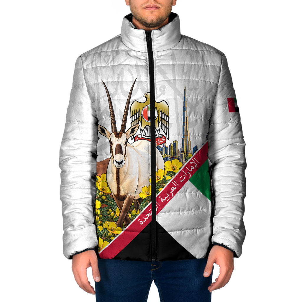 UAE National Day Arabian Oryx Padded Jacket Emirati Pride - Arabic Calligraphy Floral