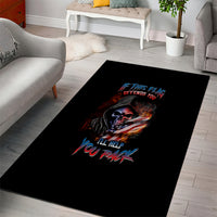 Black area rug with skull graphic and colorful warning-style text, rectangular