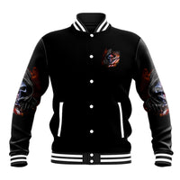 Black baseball jacket with colorful skull patch on front, striped ribbed collar and cuffs.