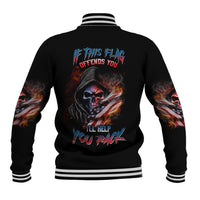 Black baseball jacket back with colorful skull graphic and text design.
