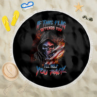 Round black beach blanket with skull-face and American flag graphic, white fringed edge