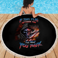 Round black beach blanket with central skull graphic and American flag, white fringe