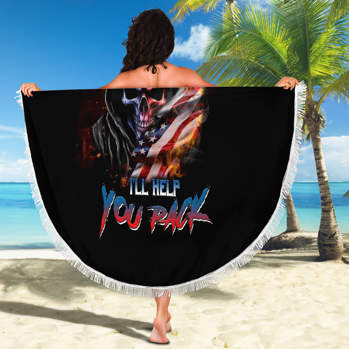 Round black beach blanket with skull and American flag graphic, white fringed border