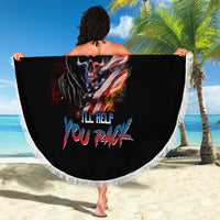 Round black beach blanket with skull and American flag graphic, white fringed border