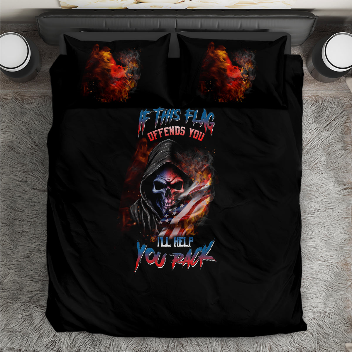 Black bedding set with skull flame artwork centered on duvet and matching pillowcases
