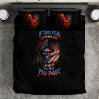 Black bedding set with skull flame artwork centered on duvet and matching pillowcases
