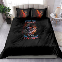 Black skull bedding set with fiery flame graphic and two matching pillowcases