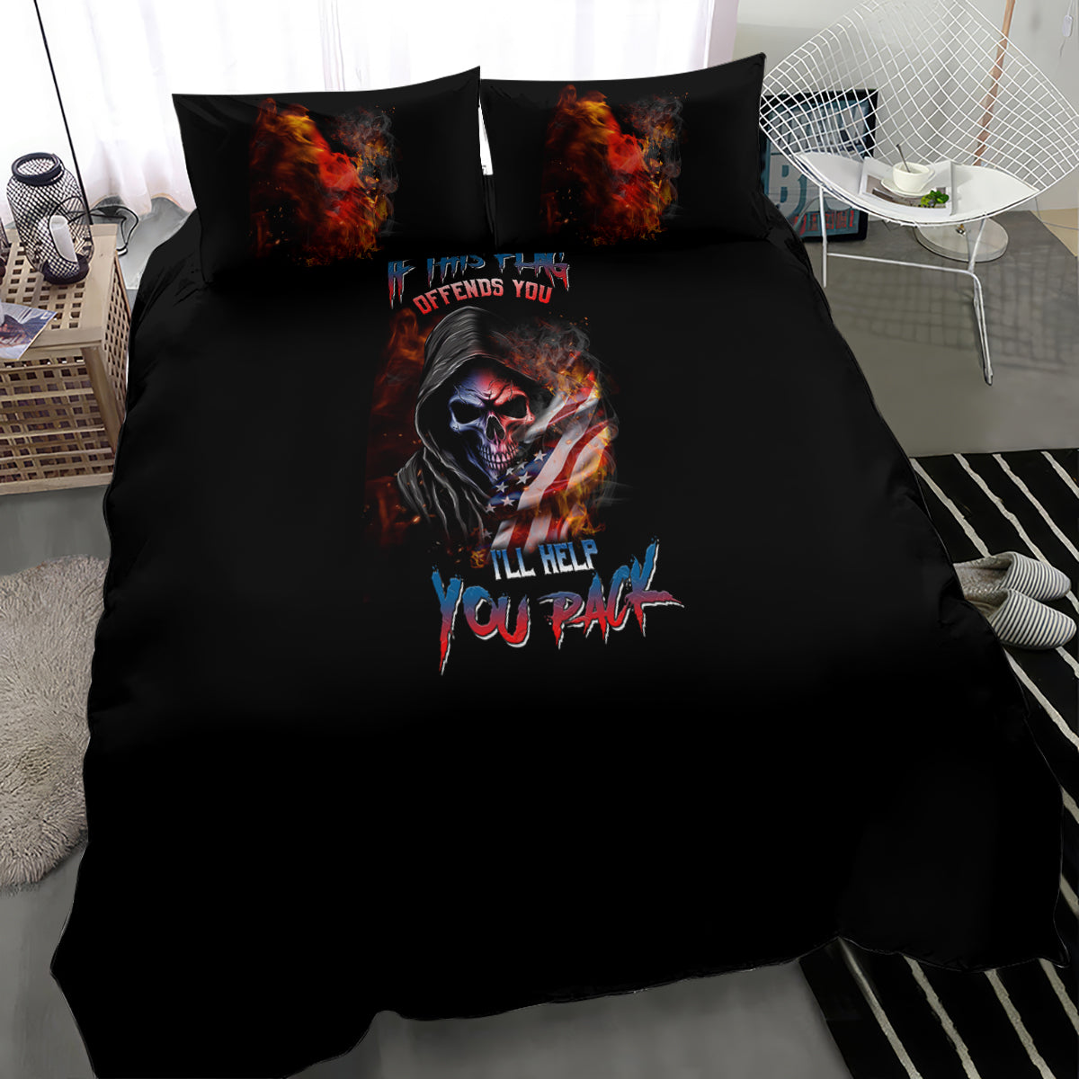 Black duvet and pillowcases with fiery skull and bold blue/red slogan graphic